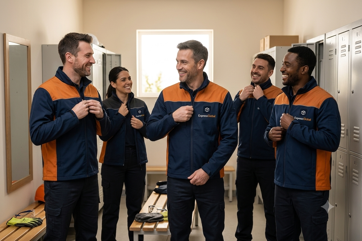 Smiling logistics team in safety vests scanning packages in a bright warehouse